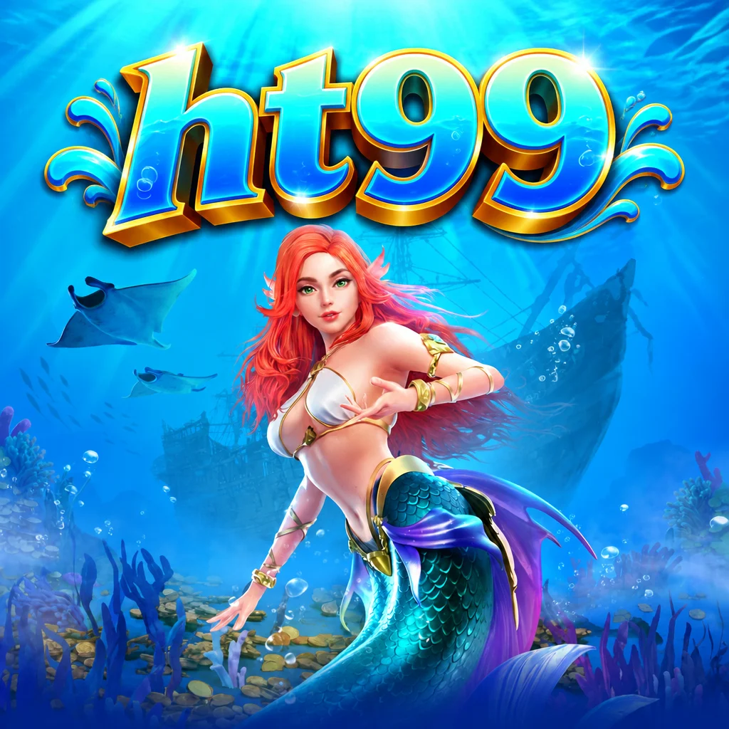 โลโก้ ht99 บนภาพเกมนางเงือกใต้ท้องทะเลลึก Mermaid Riches