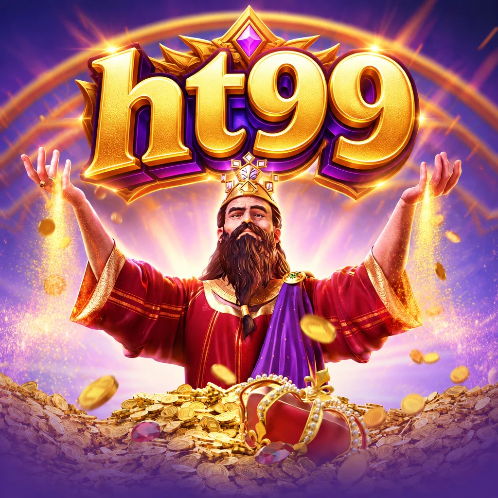 โลโก้ ht99 บนภาพกษัตริย์ไมดาสและกองเหรียญทองในเกม Midas Fortune